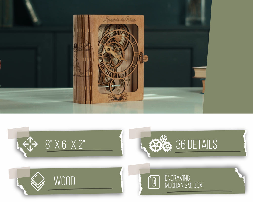 3D Puzzle Mechanical Wooden Clock PuzzleFlow DaVinci 36-piece Mechanical Wooden Table Clock