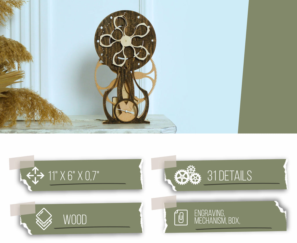 3D Puzzle Mechanical Wooden Clock PuzzleFlow Mechanical Wooden Table Clock Don Quixote 43 pieces