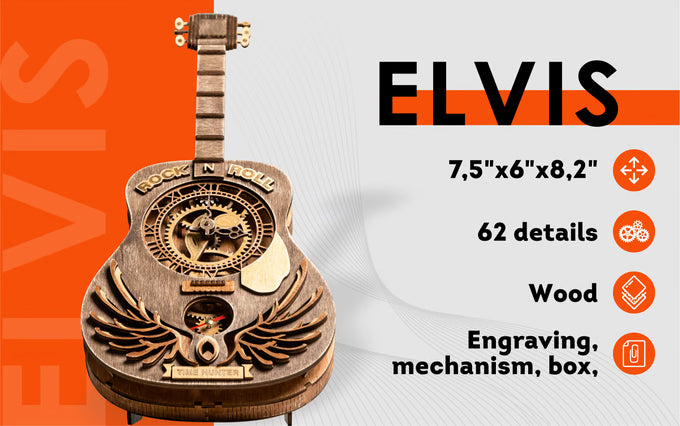 3D Puzzle Mechanical Wooden Clock PuzzleFlow Elvis 62 Pieces