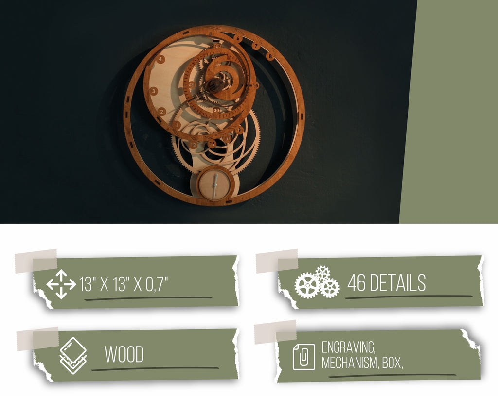 3D Puzzle Mechanical Wooden Clock PuzzleFlow Fibonacci 46 Pieces