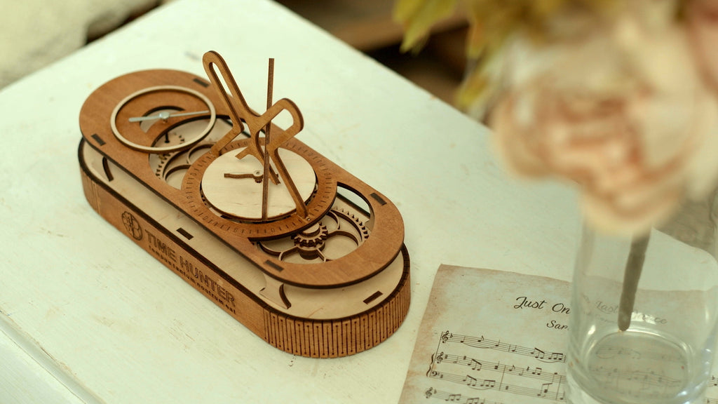 3D Puzzle Mechanical Wooden Clock PuzzleFlow Hyperbola 54-piece Mechanical Wooden Table Clock