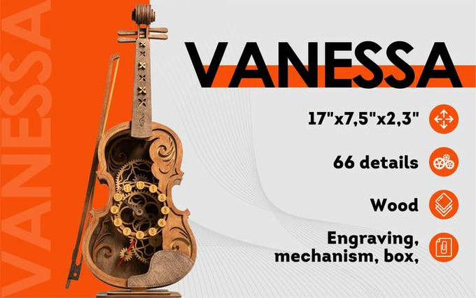 3D Puzzle Mechanical Wooden Clock Violin PuzzleFlow 67 Pieces