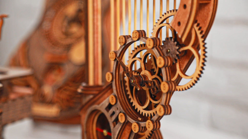 3D Puzzle Mechanical Wooden Clock PuzzleFlow Mechanical Wooden Table Clock Harp 44 pieces