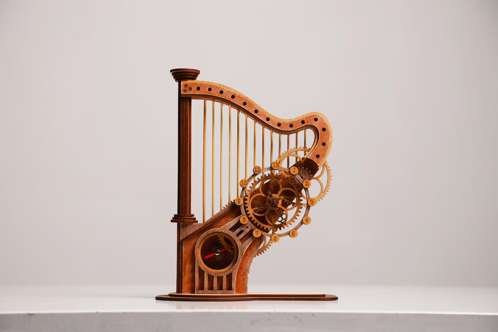 3D Puzzle Mechanical Wooden Clock PuzzleFlow Mechanical Wooden Table Clock Harp 44 pieces