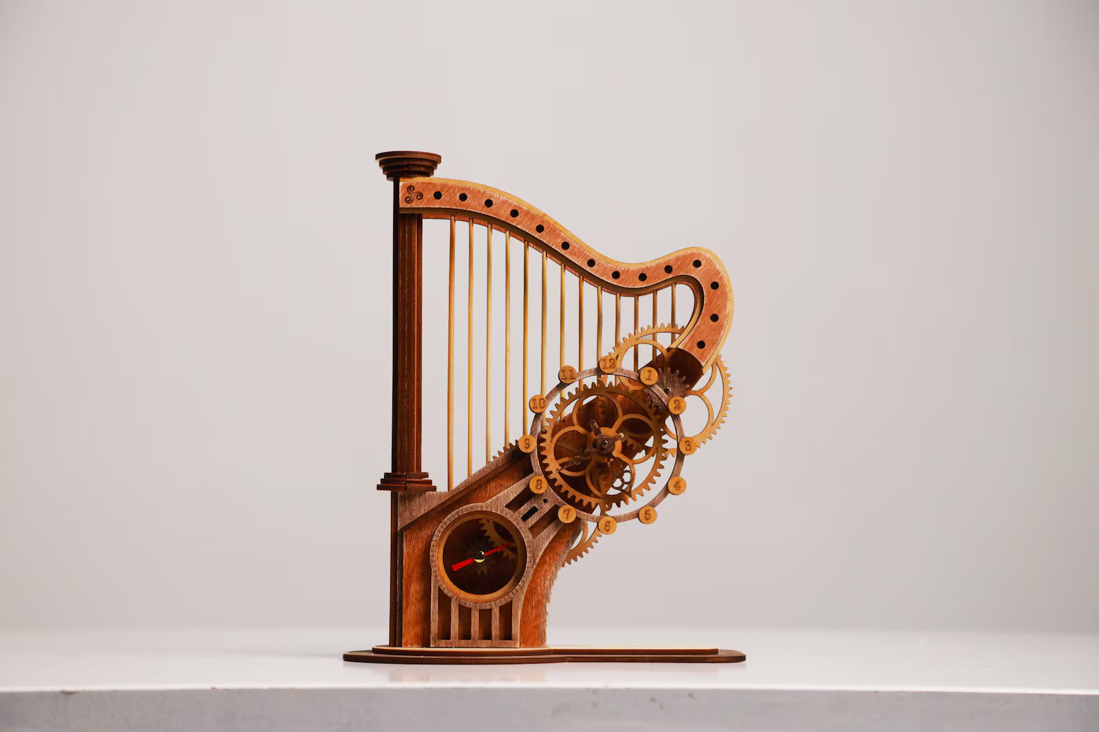 3D Puzzle Mechanical Wooden Clock PuzzleFlow Mechanical Wooden Table Clock Harp 44 pieces