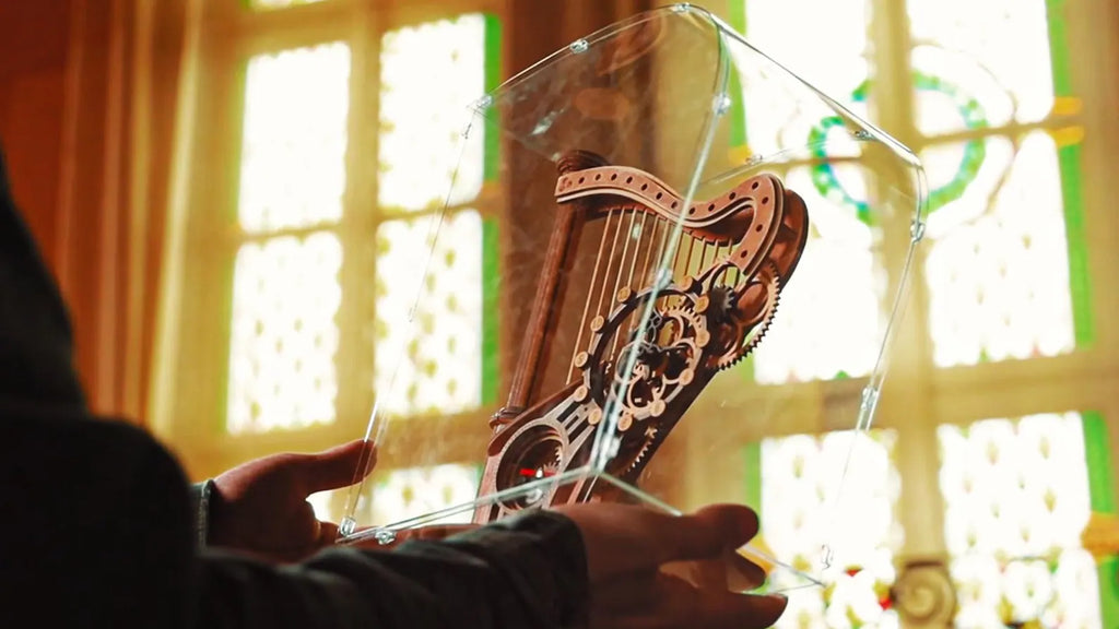 3D Puzzle Mechanical Wooden Clock PuzzleFlow Mechanical Wooden Table Clock Harp 44 pieces