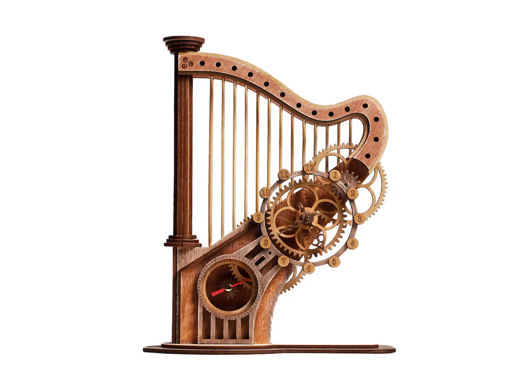 3D Puzzle Mechanical Wooden Clock PuzzleFlow Mechanical Wooden Table Clock Harp 44 pieces