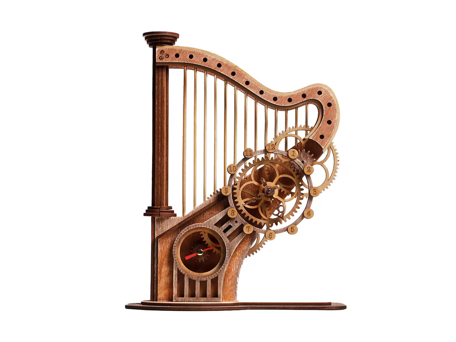3D Puzzle Mechanical Wooden Clock PuzzleFlow Mechanical Wooden Table Clock Harp 44 pieces